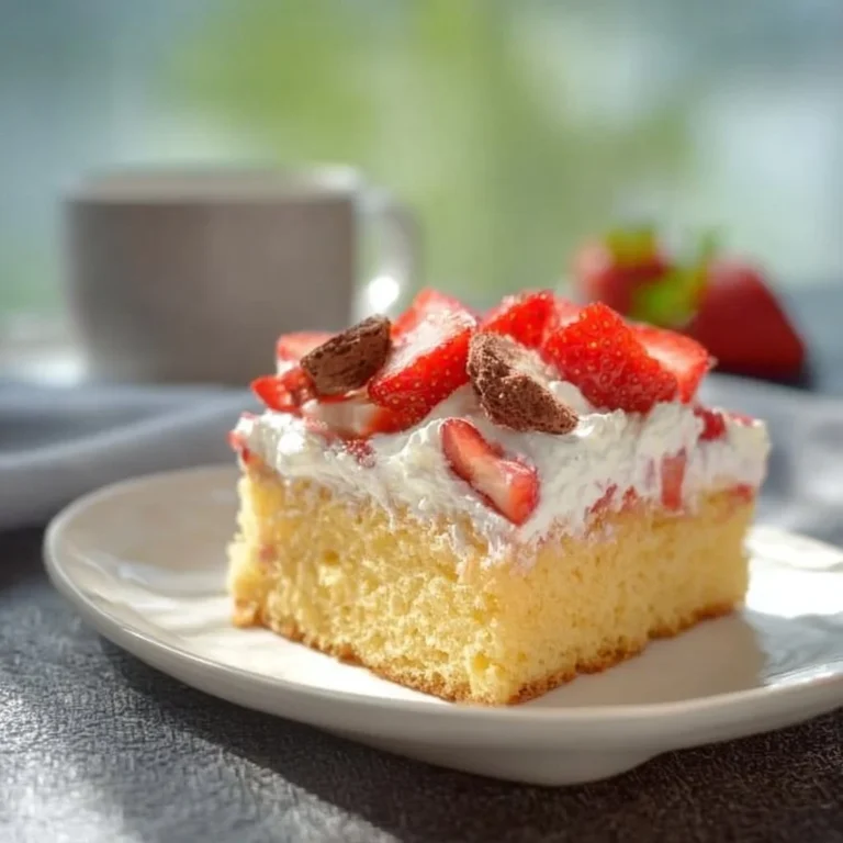Fantakuchen mit Schmand und frischen Erdbeeren auf einem Teller