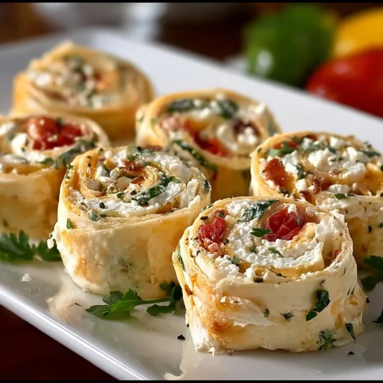 Feta-Röllchen auf einem Teller mit frischen Kräutern und roten Paprika.