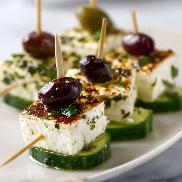 Feta Spieße mit Gurke auf einem Teller, dekorativ angerichtet.
