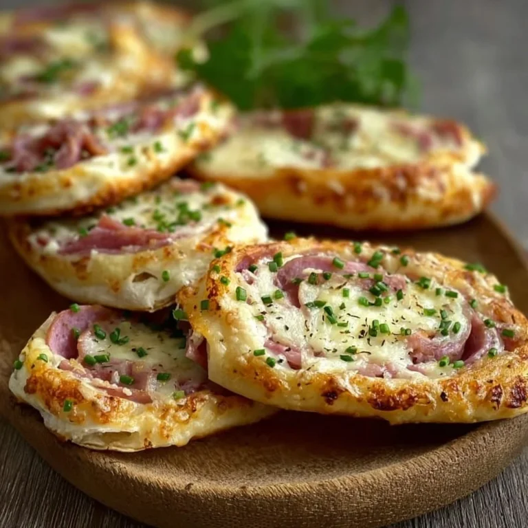 Leckere Flammkuchen Brötchen mit frischen Zutaten auf einem Holzbrett