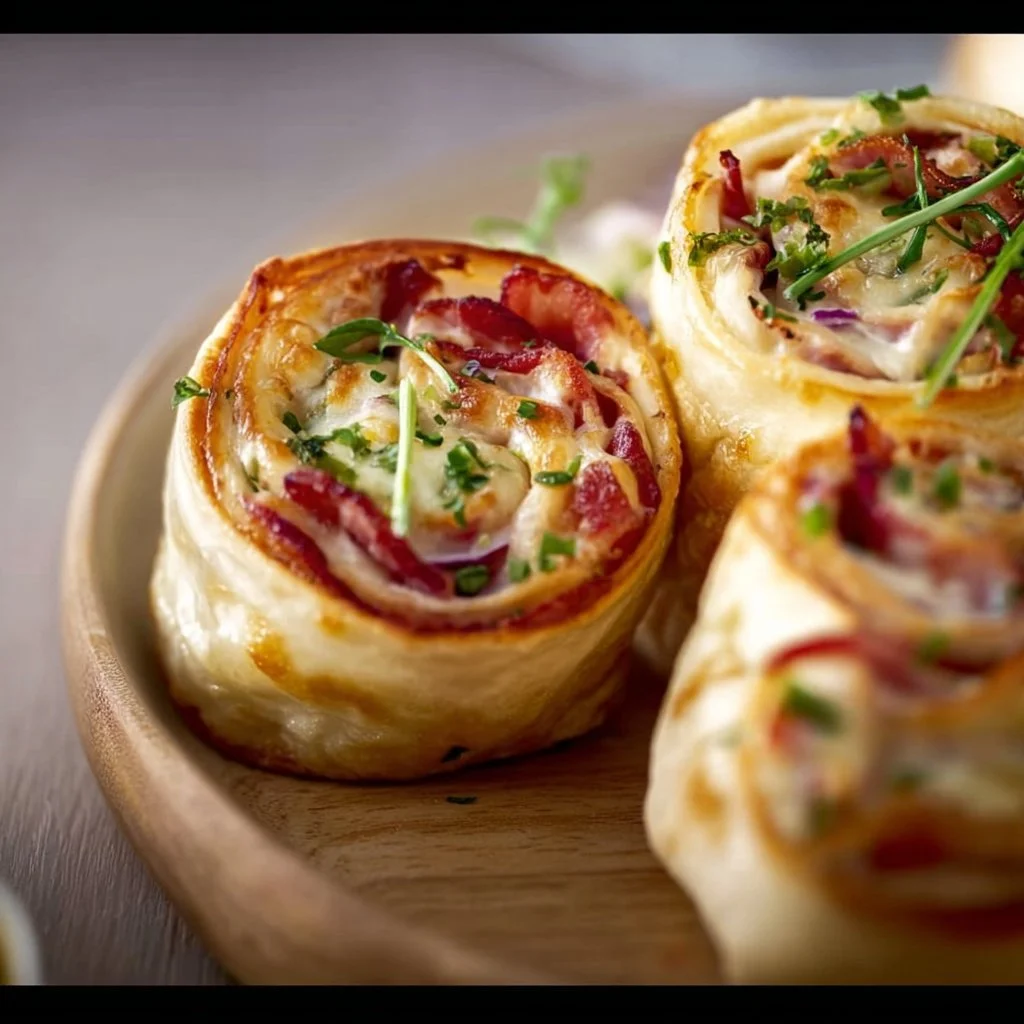 Leckere Flammkuchen-Schnecken auf einem Servierteller