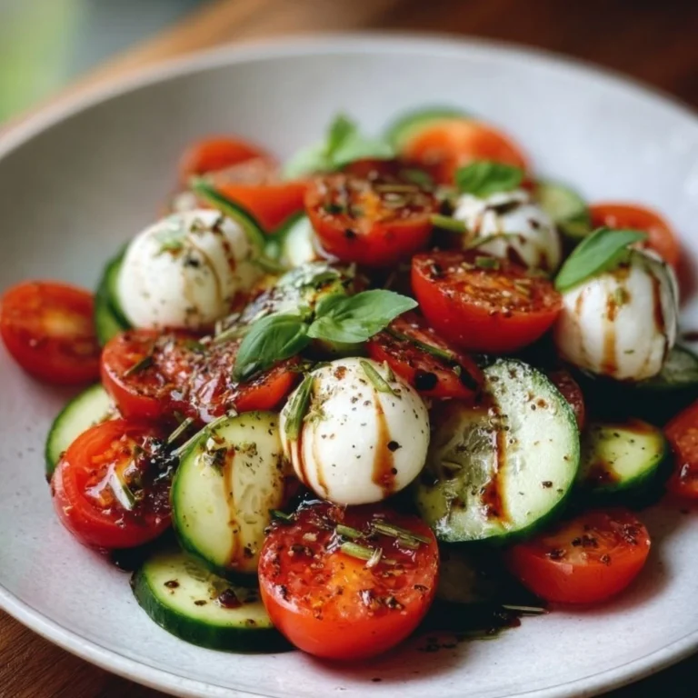Frischer Gurken-Caprese-Salat mit Tomaten und Mozzarella auf einem Teller.