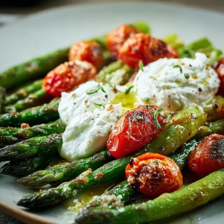 Gerösteter grüner Spargel mit Burrata und frischen Tomaten serviert.