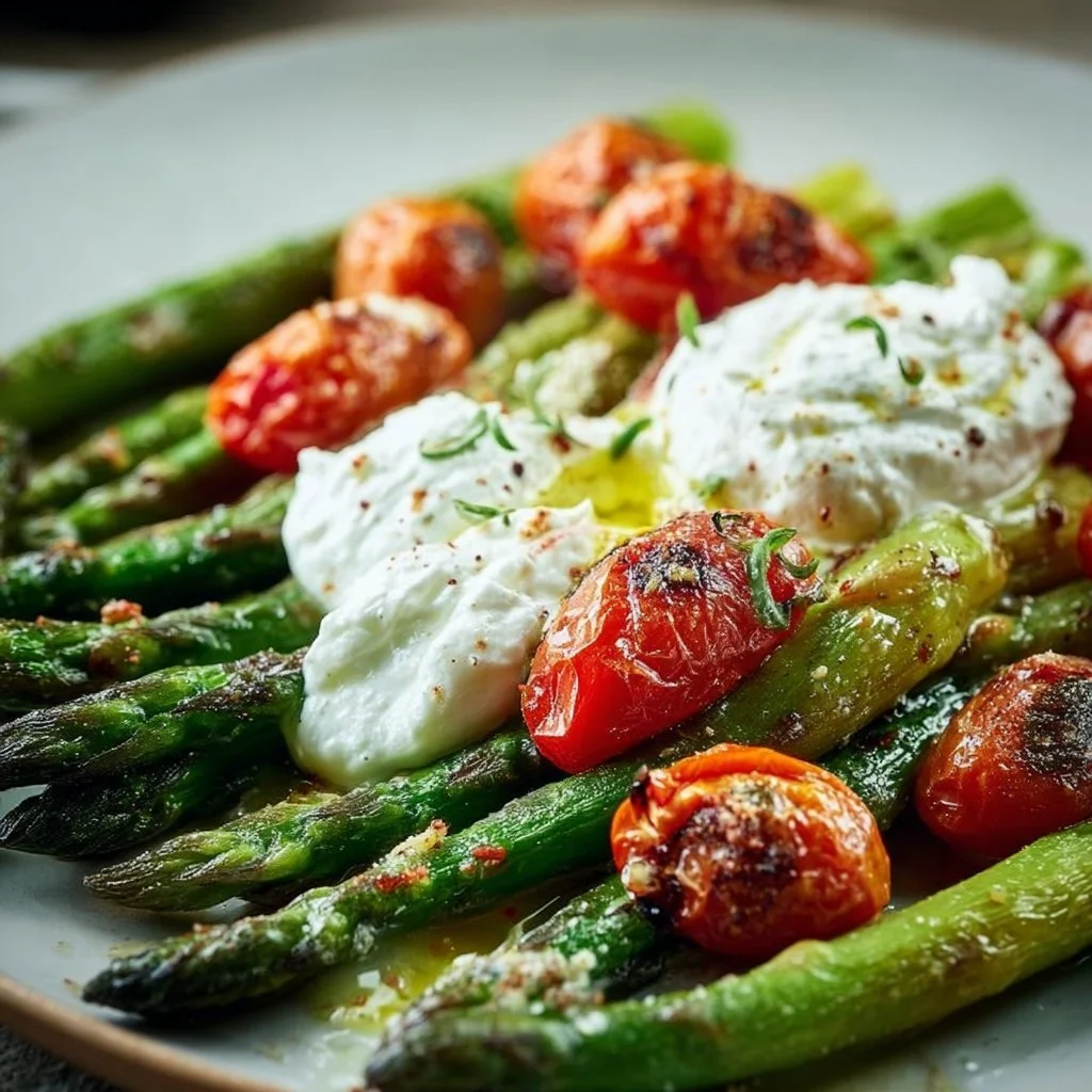 Gerösteter grüner Spargel mit Burrata und frischen Tomaten serviert.