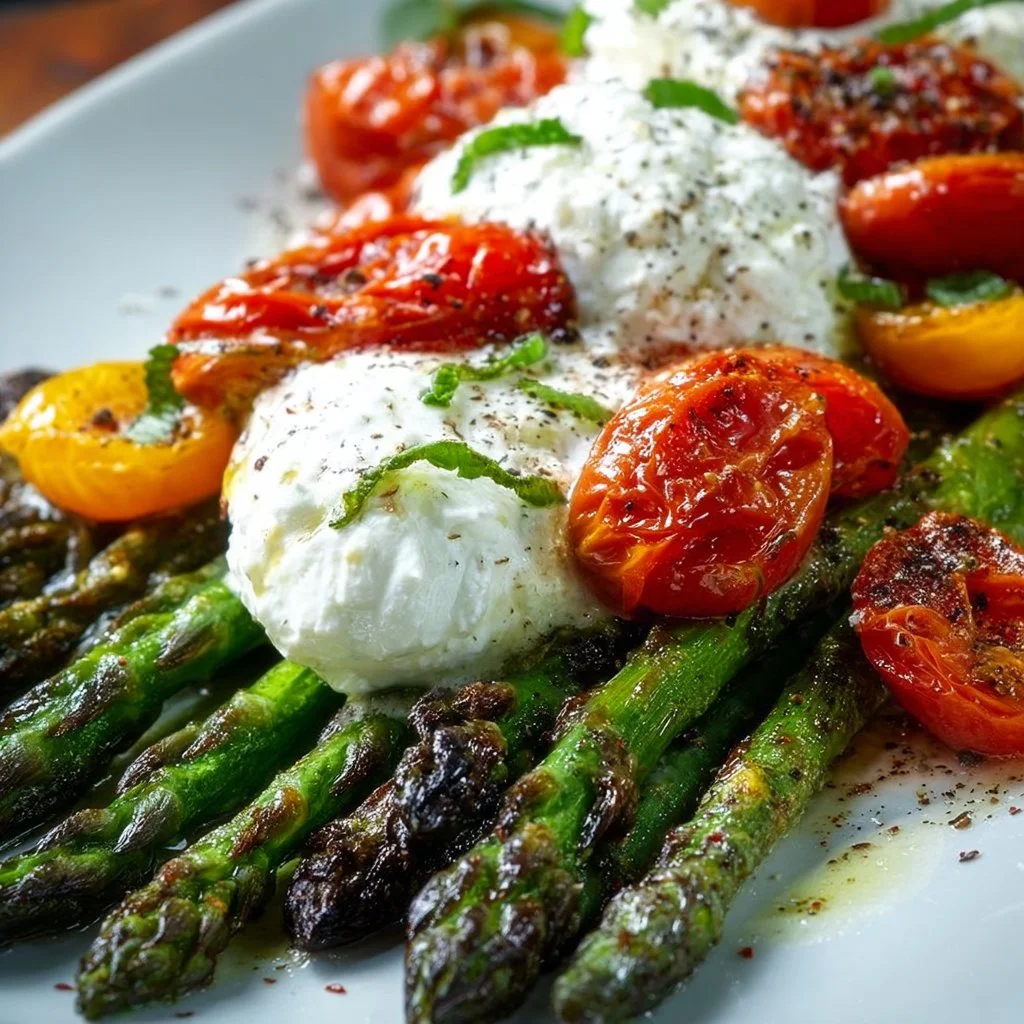 Gerösteter grüner Spargel mit Burrata und Tomaten
