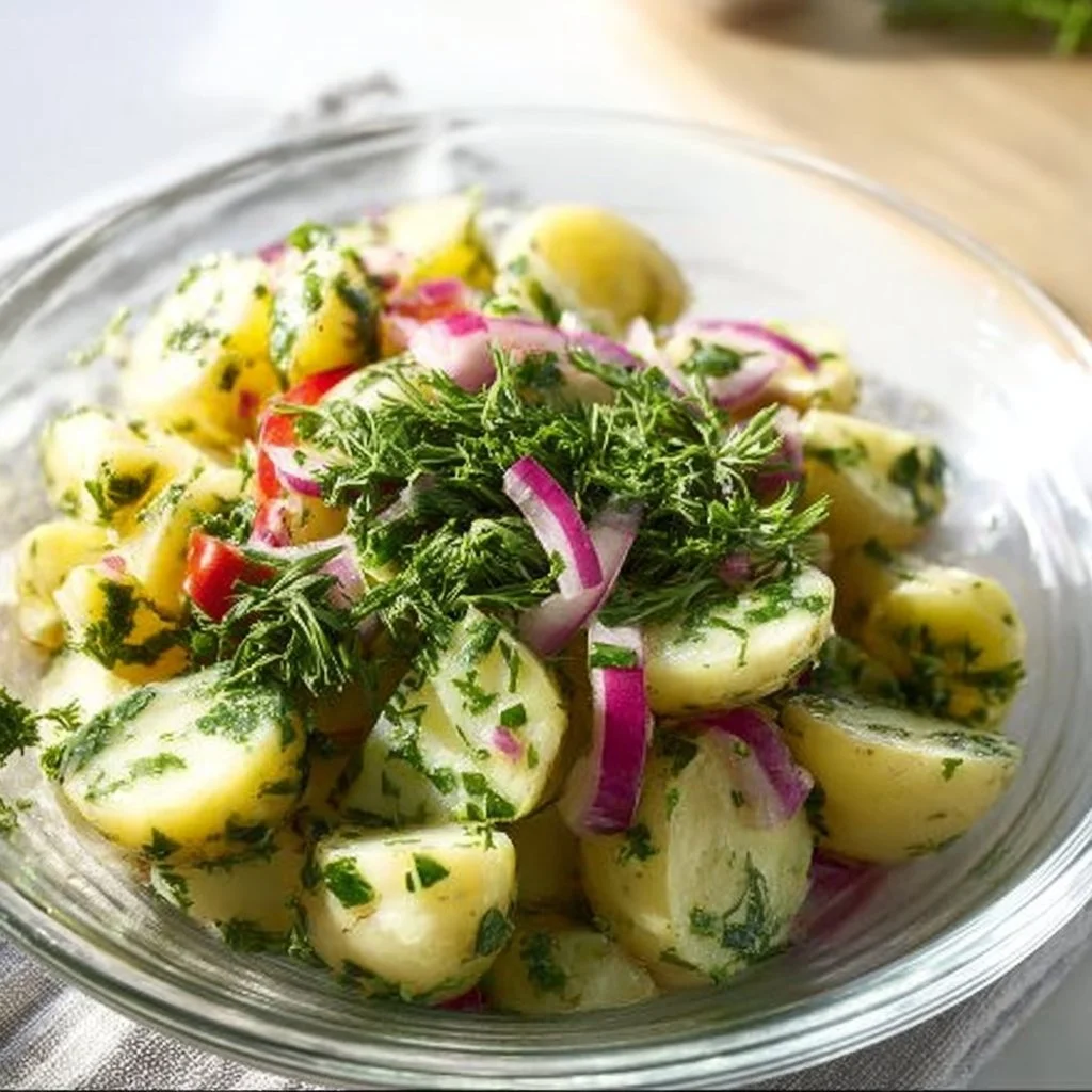 Gesunder Kartoffelsalat ohne Mayo mit frischen Zutaten