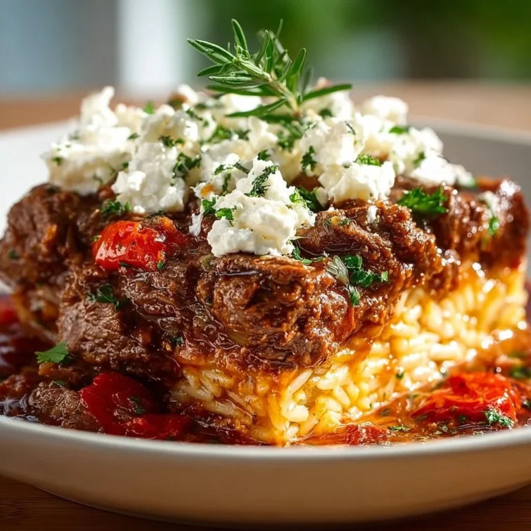 Griechischer Kritharaki-Hackauflauf mit Feta auf einem Tisch serviert.