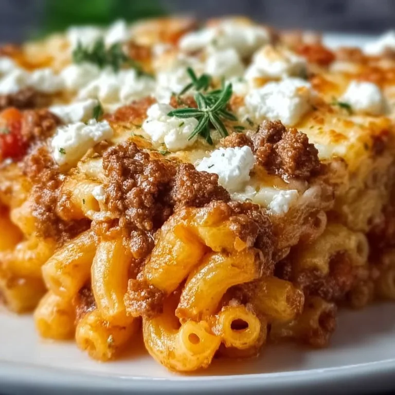 Griechischer Nudel-Auflauf mit Feta und Hackfleisch auf einem Teller, serviert heiß.
