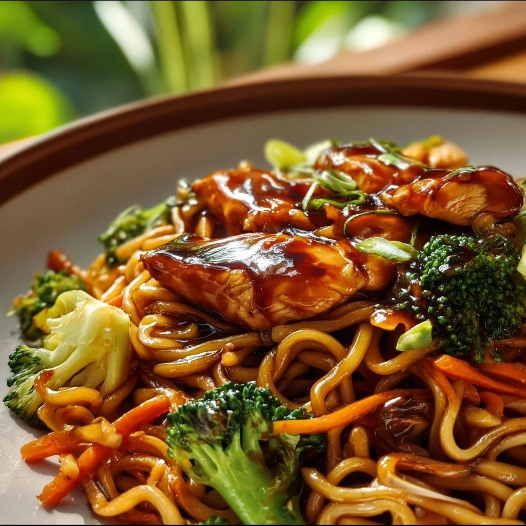 Schüssel mit Hähnchen-Teriyaki-Nudeln in einer appetitlichen Präsentation