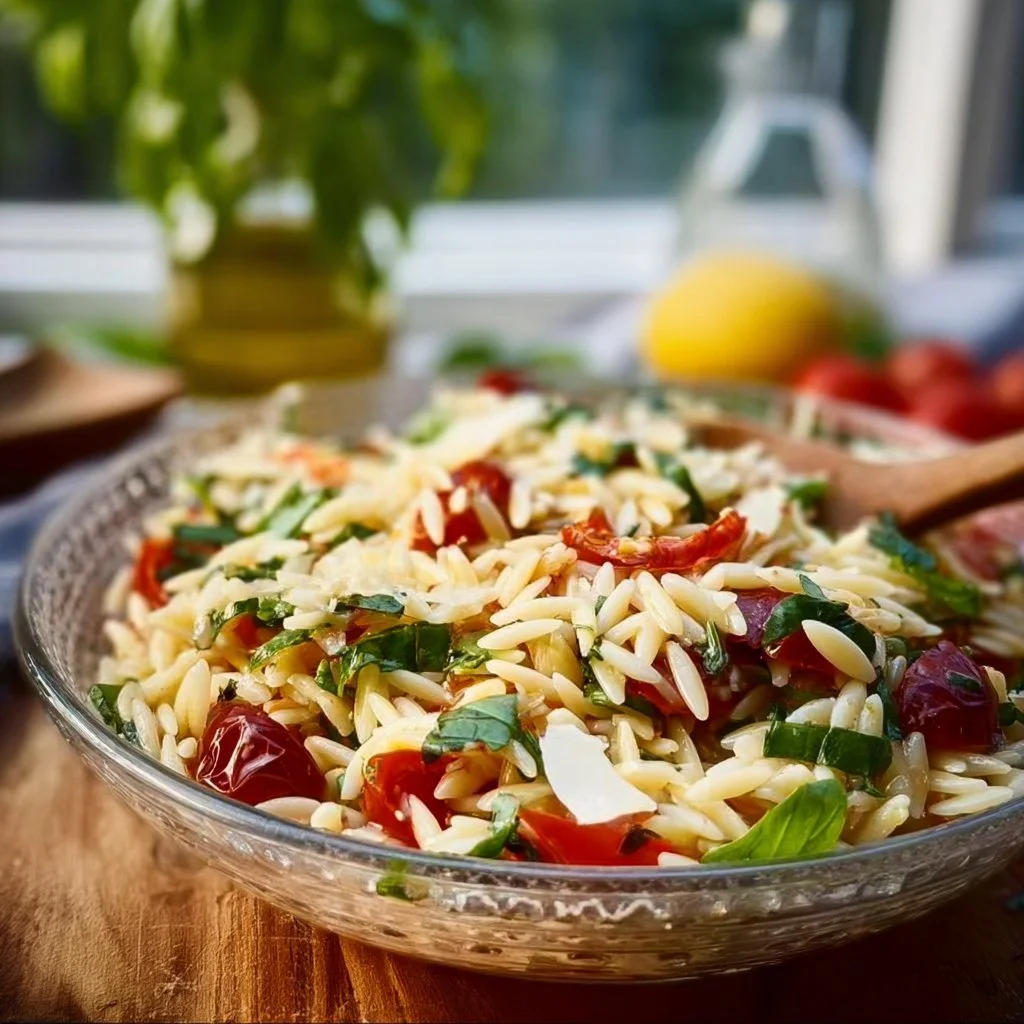 Italienischer Orzo Salat serviert in einer Schüssel mit frischem Gemüse.