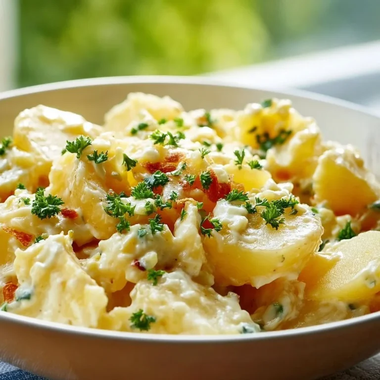 Klassischer Kartoffelsalat in einer Schüssel mit frischen Kräutern garniert.