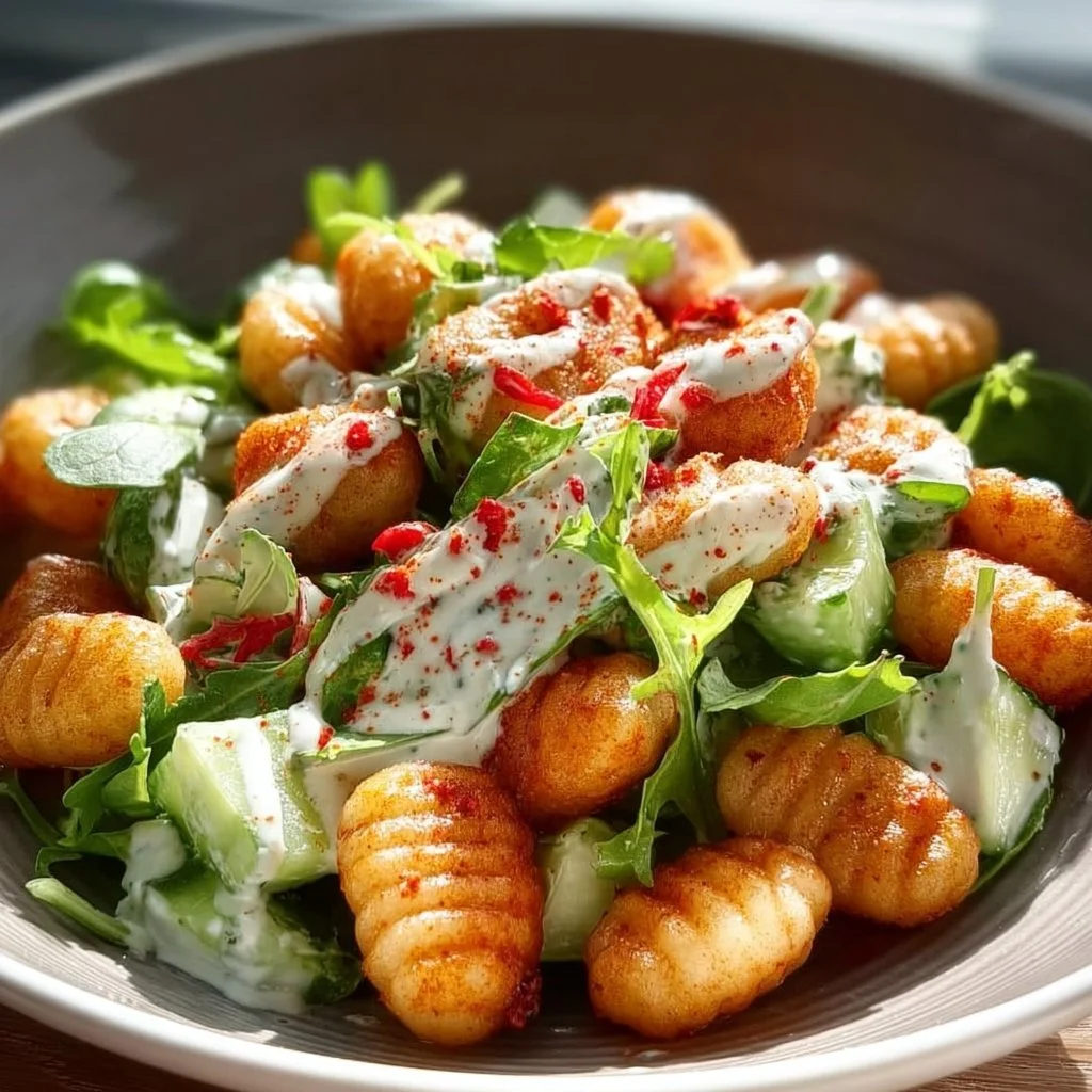 Knuspriger Gnocchi-Salat mit Joghurt-Dressing auf einem Teller