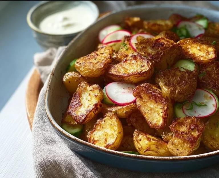 Knuspriger Kartoffelsalat ohne Mayo in einer Schüssel serviert