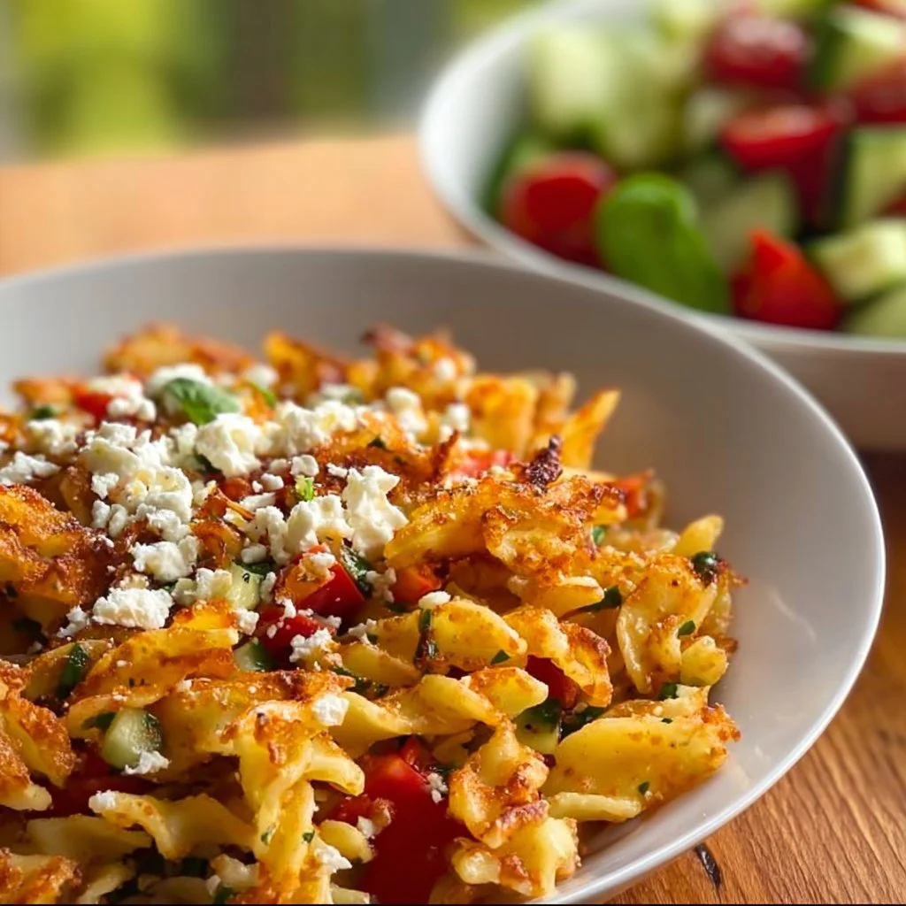 Knuspriger Pasta Salat mit Feta und buntem Gemüse auf einem Teller