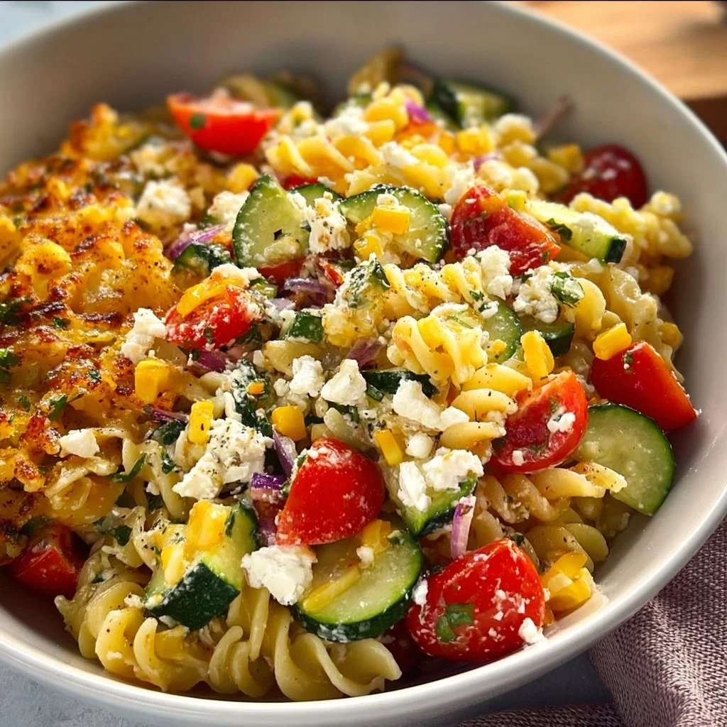 Knuspriger Pasta Salat mit Feta & Gemüse