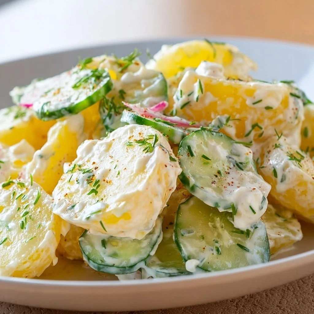 Leichter Kartoffelsalat mit Joghurt und Gurke auf einem Tisch serviert