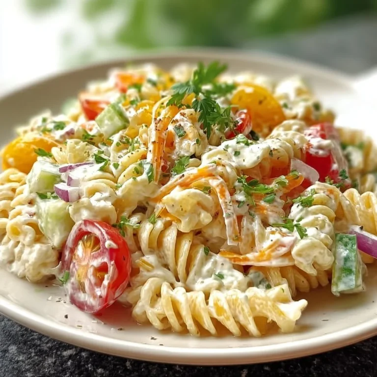Leichter Nudelsalat mit Joghurt-Dressing auf einem Teller