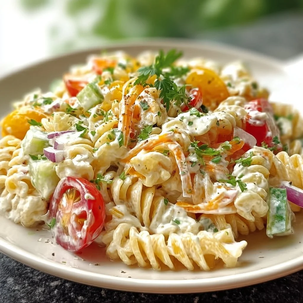 Leichter Nudelsalat mit Joghurt-Dressing auf einem Teller