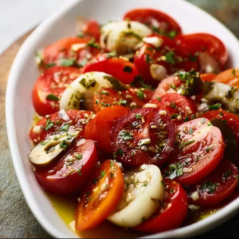 Schüssel mit mariniertem Tomatensalat voller frischer Zutaten