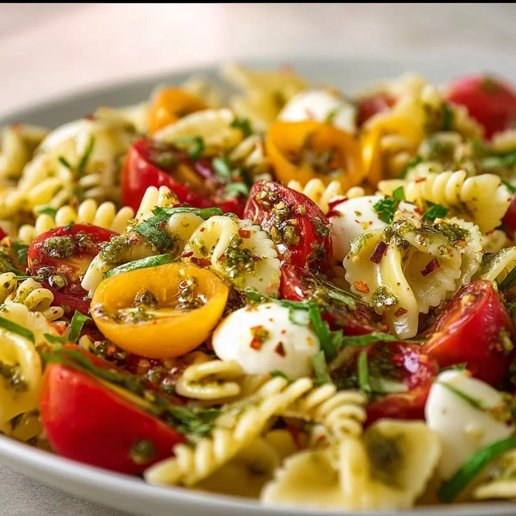 Mediterraner Nudelsalat mit Pesto, gesund und lecker serviert.