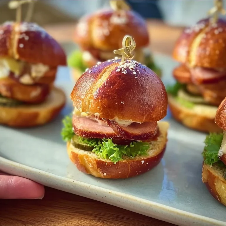 Mini Laugen Burger mit Leberkäse auf einem rustikalen Holzbrett