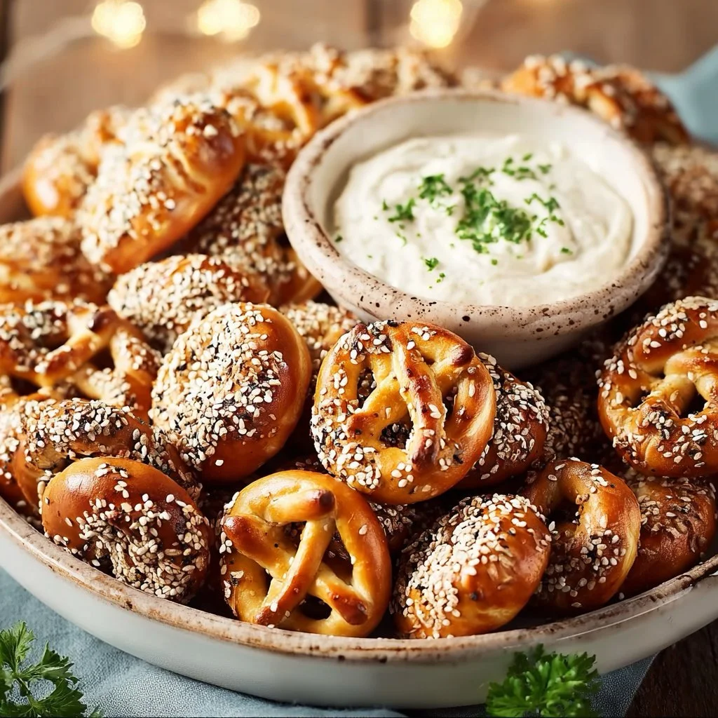 Mini Laugenkonfekt mit Zwiebel-Dip auf einem Teller serviert