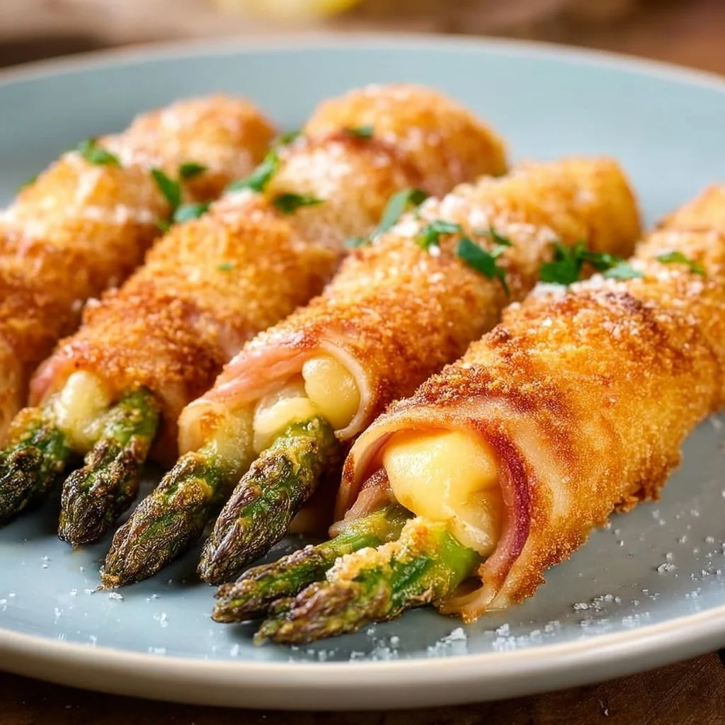 Paniertes Spargelröllchen mit Schinken und Käse auf einem Teller angerichtet
