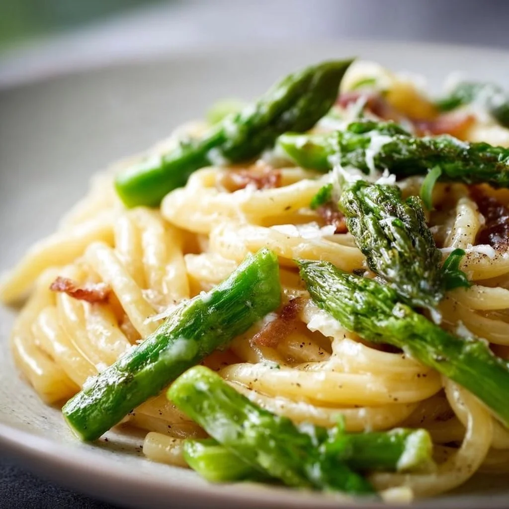 Pasta mit grünem Spargel und frischen Zutaten auf einem Teller
