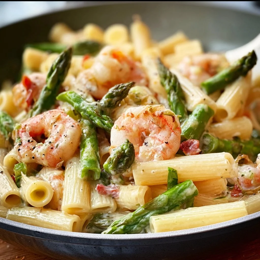 Pasta mit grünem Spargel und Garnelen