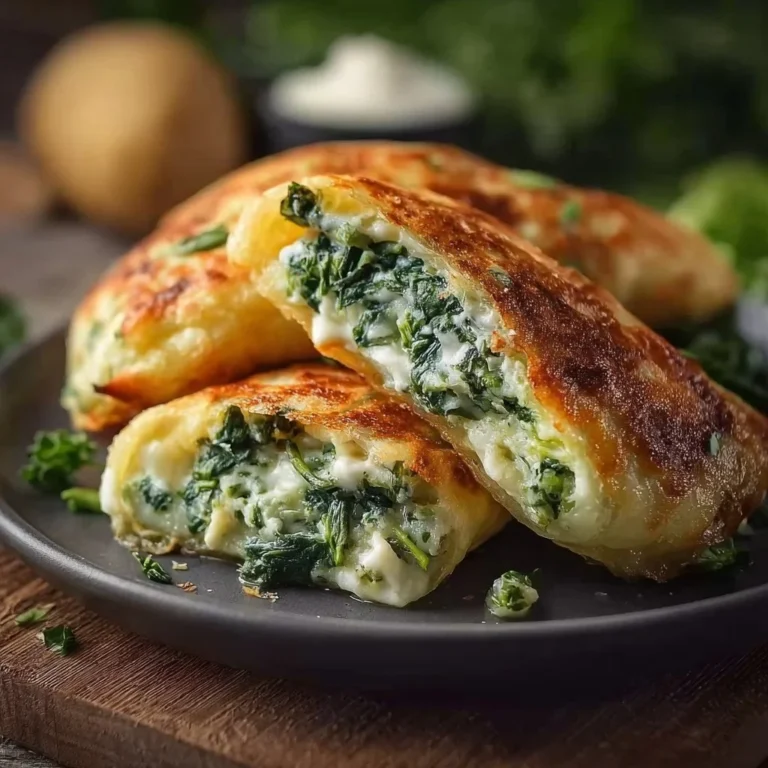 Kartoffeltaschen gefüllt mit Spinat und Frischkäse auf einem Teller