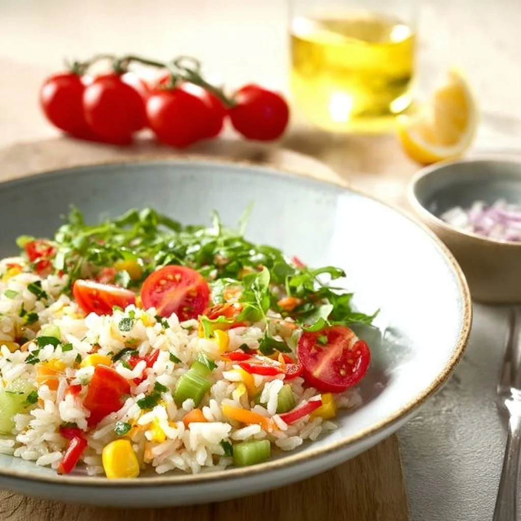 Reissalat mit frischem Zitronen-Dressing auf einem Teller