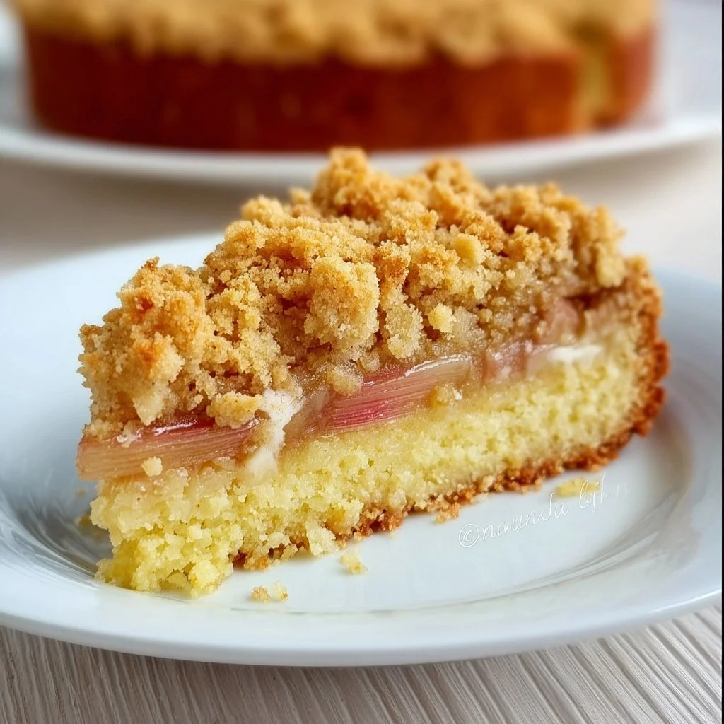 Rha-Barbara-Krümeltorte auf einem Teller mit frischen Zutaten