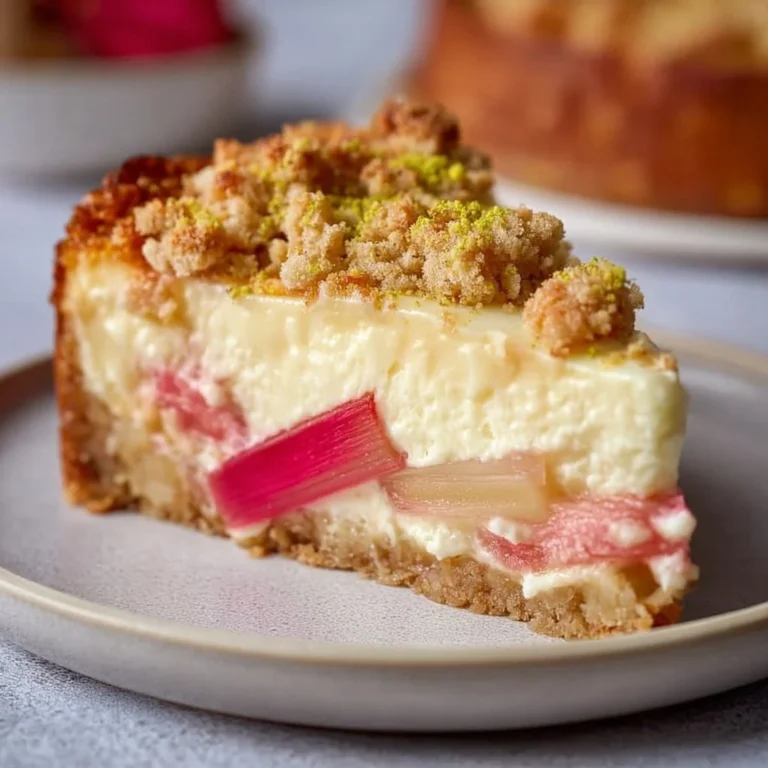 Rhabarber Käsekuchen mit Streuseln auf einem Teller serviert