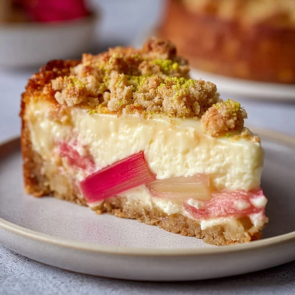 Rhabarber Käsekuchen mit Streuseln auf einem Teller serviert