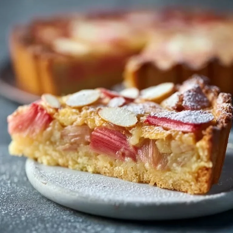 Rhabarber Tarte mit Mandelcreme auf einem schönen Teller serviert