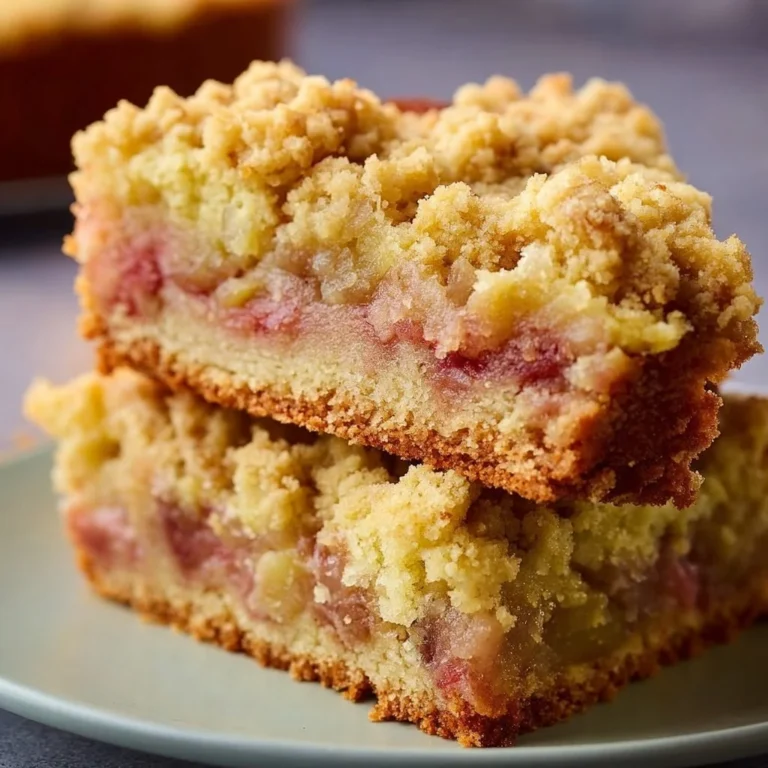 Rhabarberkuchen mit Streusel auf einem Teller, frisch gebacken und dekoriert mit Puderzucker.