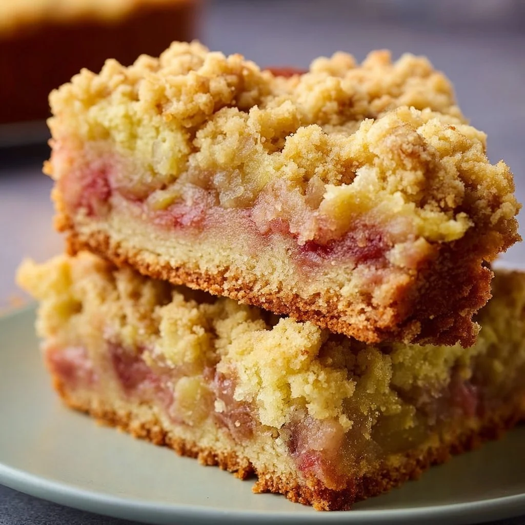 Rhabarberkuchen mit Streusel auf einem Teller, frisch gebacken und dekoriert mit Puderzucker.