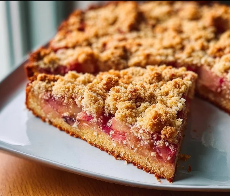 Stück Rhabarberkuchen mit Streuseln auf einem Teller