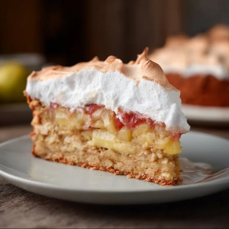 Leckerer Rhubarb-Kuchen mit Baiser-Topping auf einem Teller