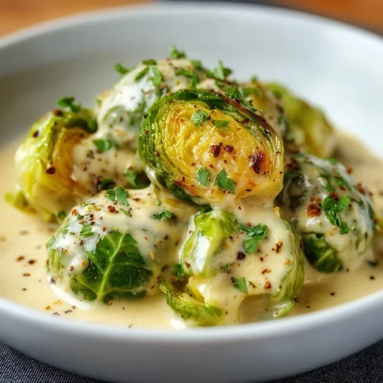 Rosenkohl in cremiger Frischkäse-Senfsauce serviert auf einem Teller
