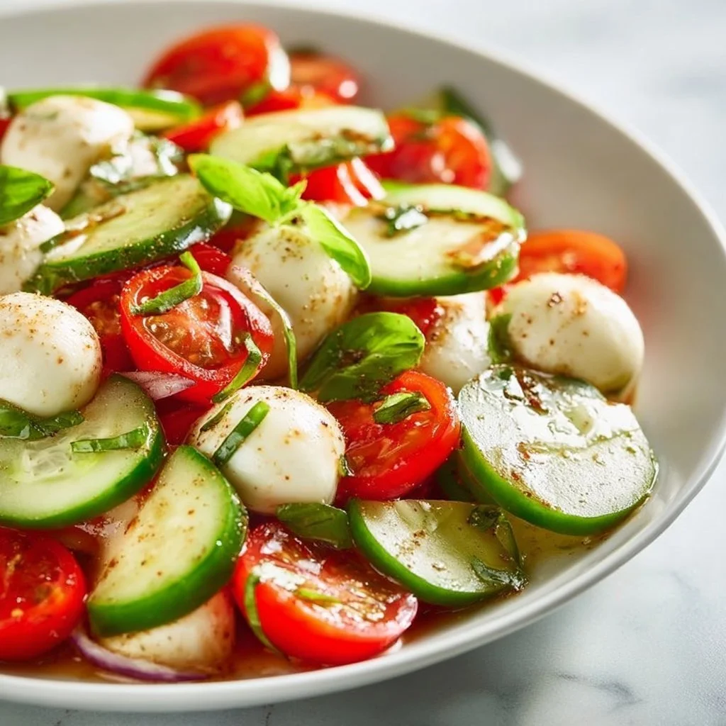 Saftiger Gurken-Caprese-Salat mit frischen Zutaten und buntem Gemüse