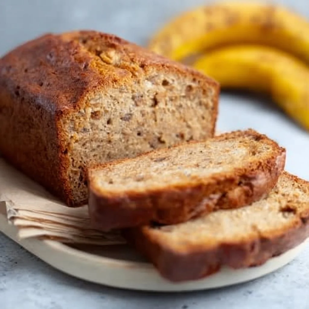 Saftiges Bananenbrot ohne Zucker auf einem Holzbrett serviert