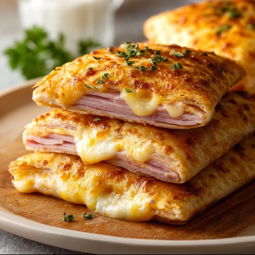 Leckere Schinken-Käse-Taschen auf einem Teller serviert