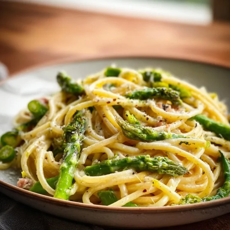 Ein Teller mit einfacher Spargel Pasta, garniert mit frischem Basilikum.