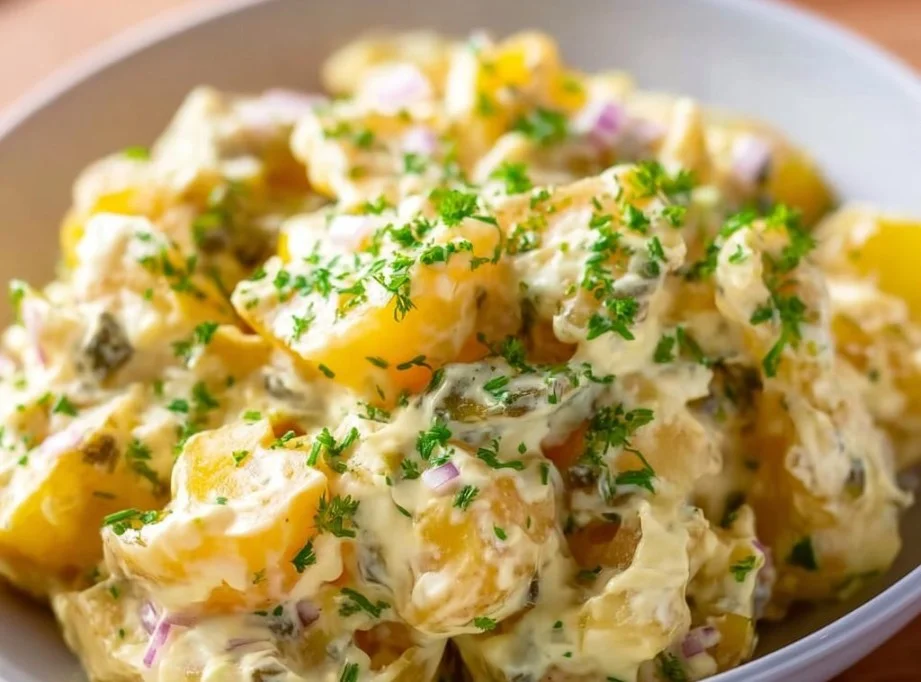 Schneller Kartoffelsalat in einer Schale, verfeinert mit frischem Gemüse und Dressing.