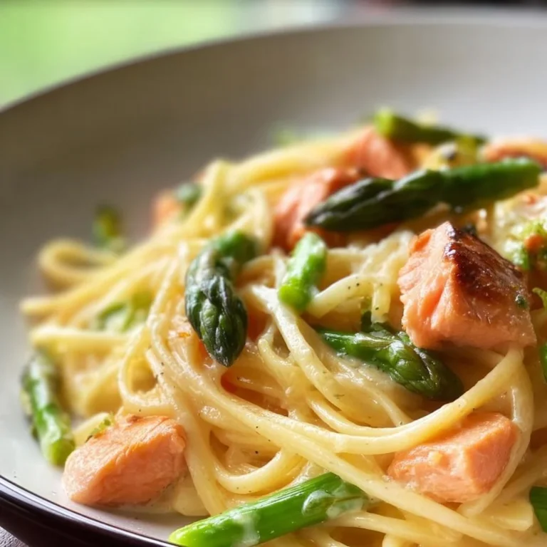 Gericht aus Spaghetti mit Lachs und Spargel auf einem Teller