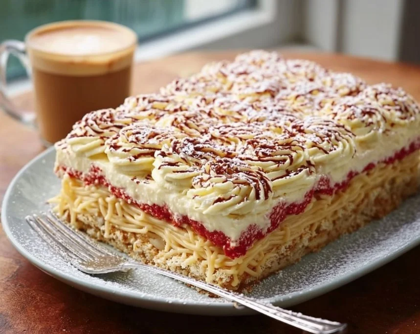 Leckerer Spaghettieis Blechkuchen im Tassenformat, ein perfektes Dessert.