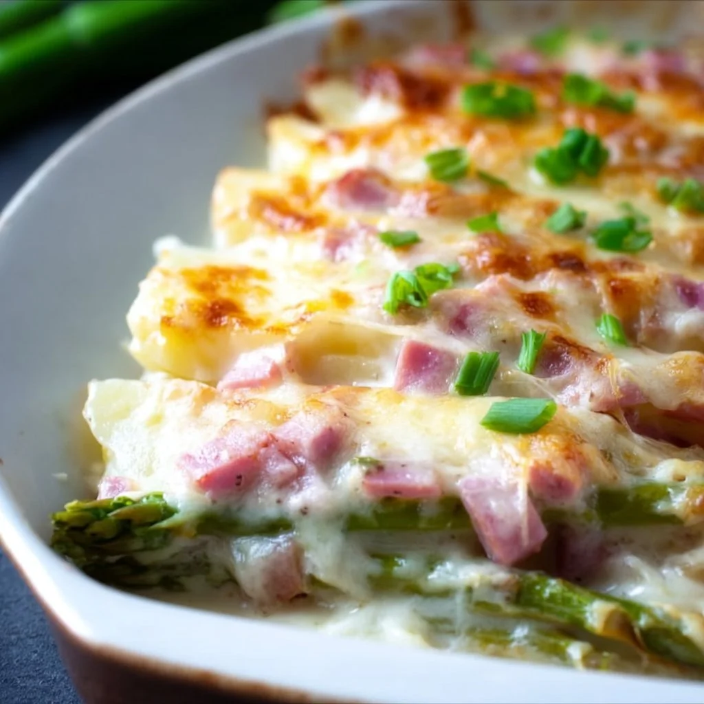 Leckerer Spargelauflauf mit Kartoffeln und Schinken im Ofen gebacken.
