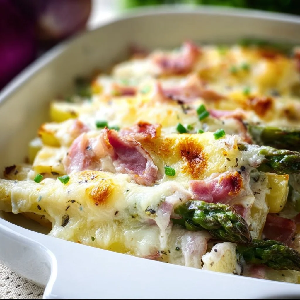 Spargelauflauf mit Kartoffeln und Schinken