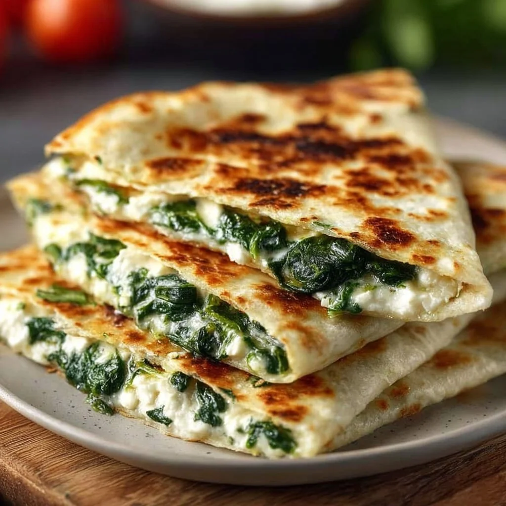 Köstliche Spinat-Feta-Quesadillas auf einem Teller serviert.